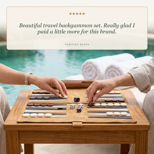 Jaques travel backgammon set played poolside, five star review 