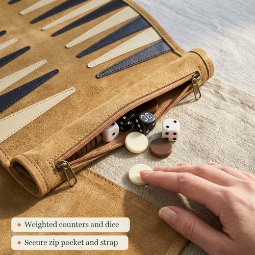 Close-up of the Jaques travel backgammon leather, weighted counters and zip pocket 