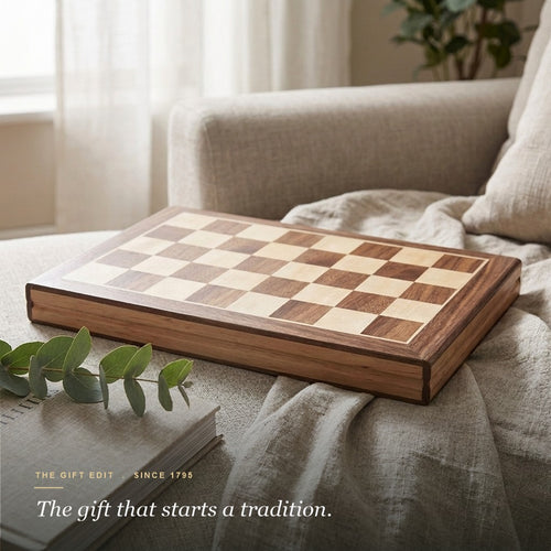 Jaques folding walnut and sycamore chess set closed on a linen throw with eucalyptus and books, styled as a gift 