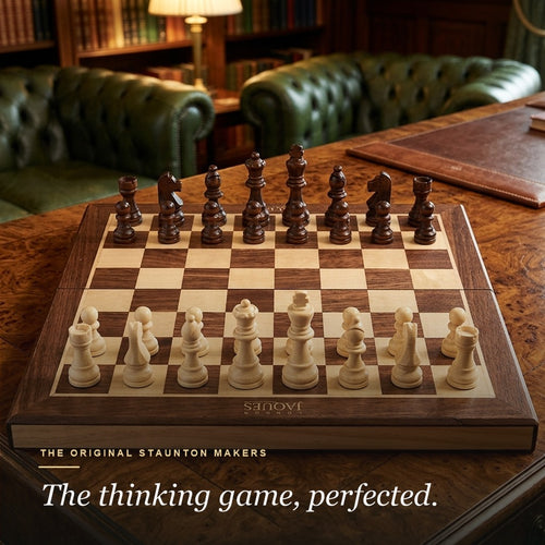 Jaques folding chess set set up ready to play in a lamplit library with green leather armchairs 