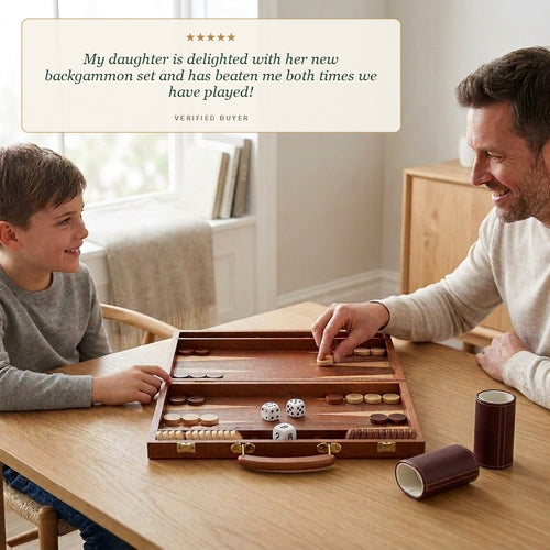 Family playing the Jaques 15 inch mahogany backgammon set, five star review 