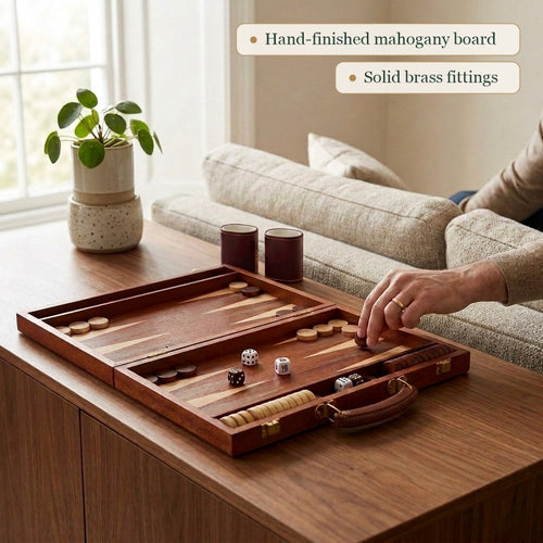 Jaques mahogany backgammon set styled in a modern living room 