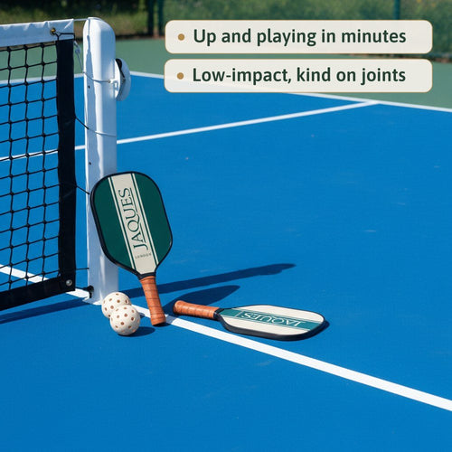 Jaques pickleball set by the net, up and playing in minutes, low-impact and kind on joints 