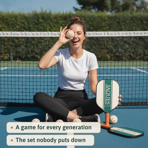 Woman playing pickleball with a Jaques paddle, a game for every generation 