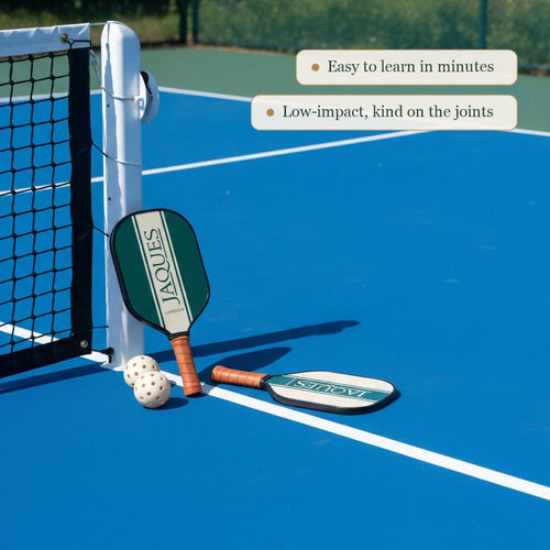 Jaques of London pickleball set by the net on a blue court, easy to learn and low-impact on the joints 