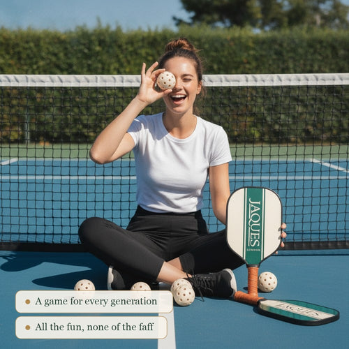 Woman playing pickleball with a Jaques of London paddle, a game for every generation, all ages 