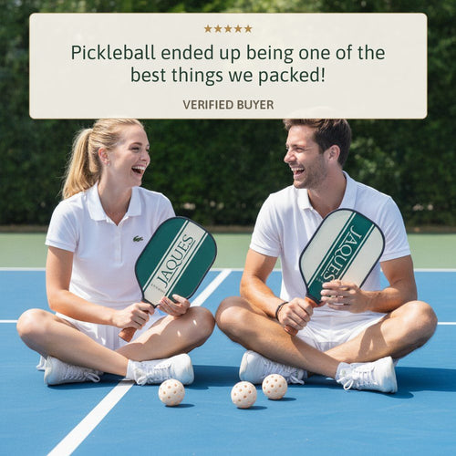 Two friends laughing with Jaques pickleball paddles, five star review one of the best things we packed, verified buyer 