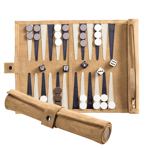 Backgammon set with pieces and dice in a beige carrying case on a transparent background