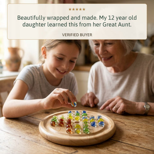 A girl playing Jaques wooden solitaire with her great aunt, five star review 