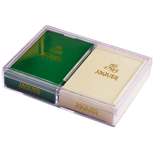 Two packs of playing cards in a clear plastic case
