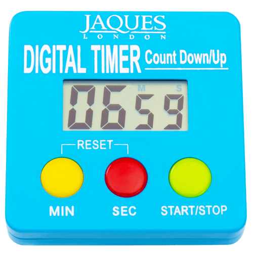Digital timer front view, digital clock face, reset buttons - min, sec and start stop