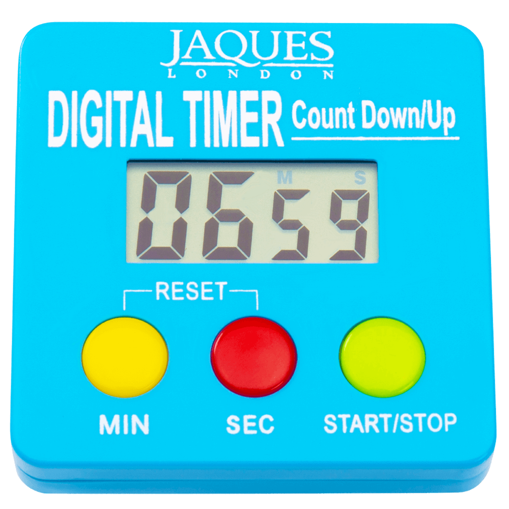 Digital timer front view, digital clock face, reset buttons - min, sec and start stop