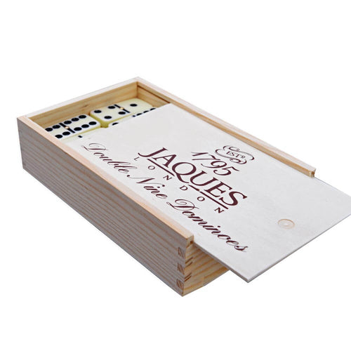 Double Nine Dominoes - In wooden box with lid slightly open  
