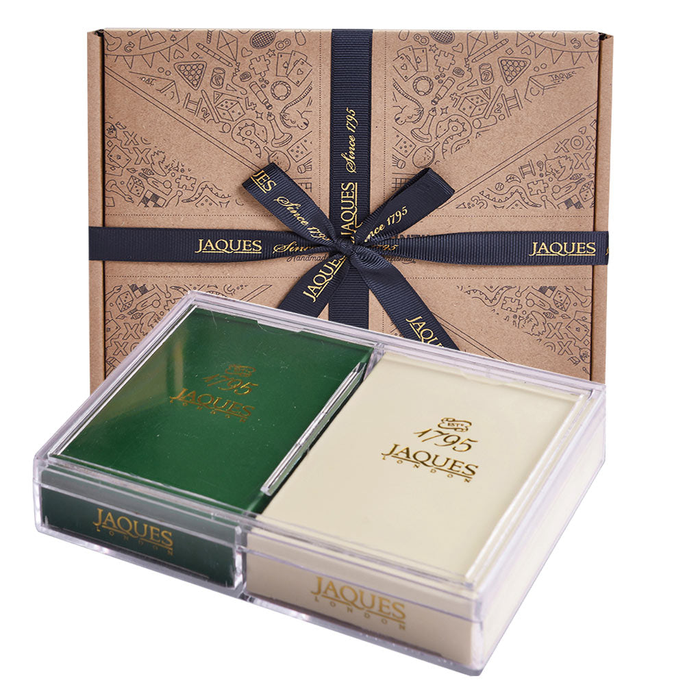 Two packs of playing cards in a clear plastic case with box