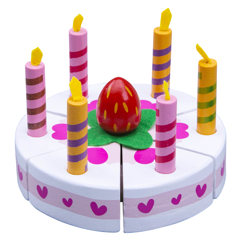 Kids wooden pretend play party cake with 6 candles and strawberry on top
