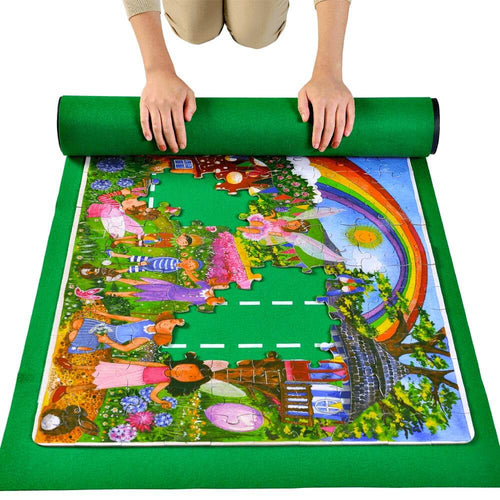  Quality portable puzzle roll up mat for families - partially completed puzzle being rolled up by girl 