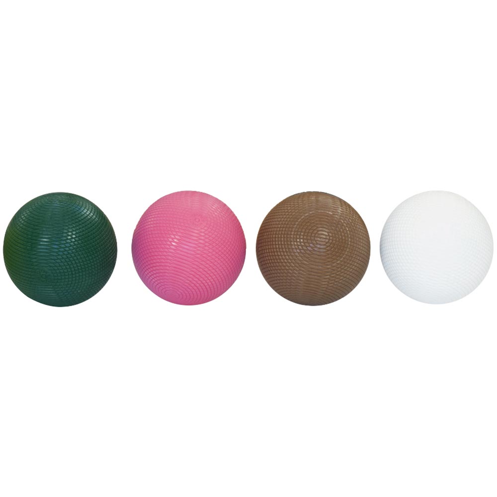 Green ball on the left, then pink, brown and white on the fair right 