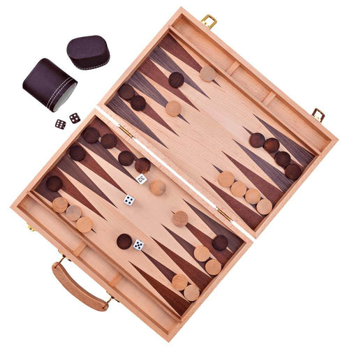 Solid oak case backgammon set, displayed opened with game in play 
