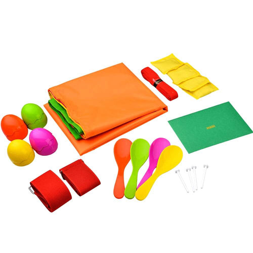  Sports day activity set - laid out to display eggs, spoons, colourful sacks, bean bags, leg ties, pegs and rules 