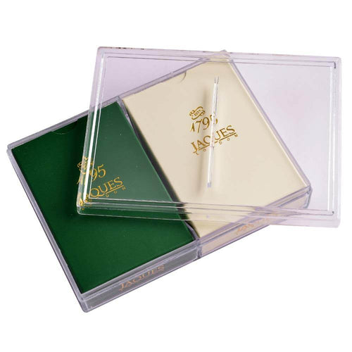 Two packs of playing cardsin their boxes, one green one white in a clear plastic storage case