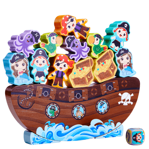 Pirate boat with gold and pirates and crew