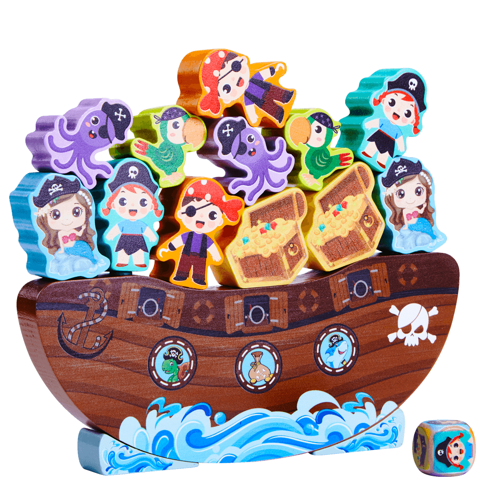 Pirate boat with gold and pirates and crew