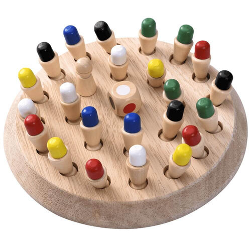 Wooden memory game with all wooden pegs end up to reveal all their different colours with dice. Colours are green, blue, black, red, yellow and white