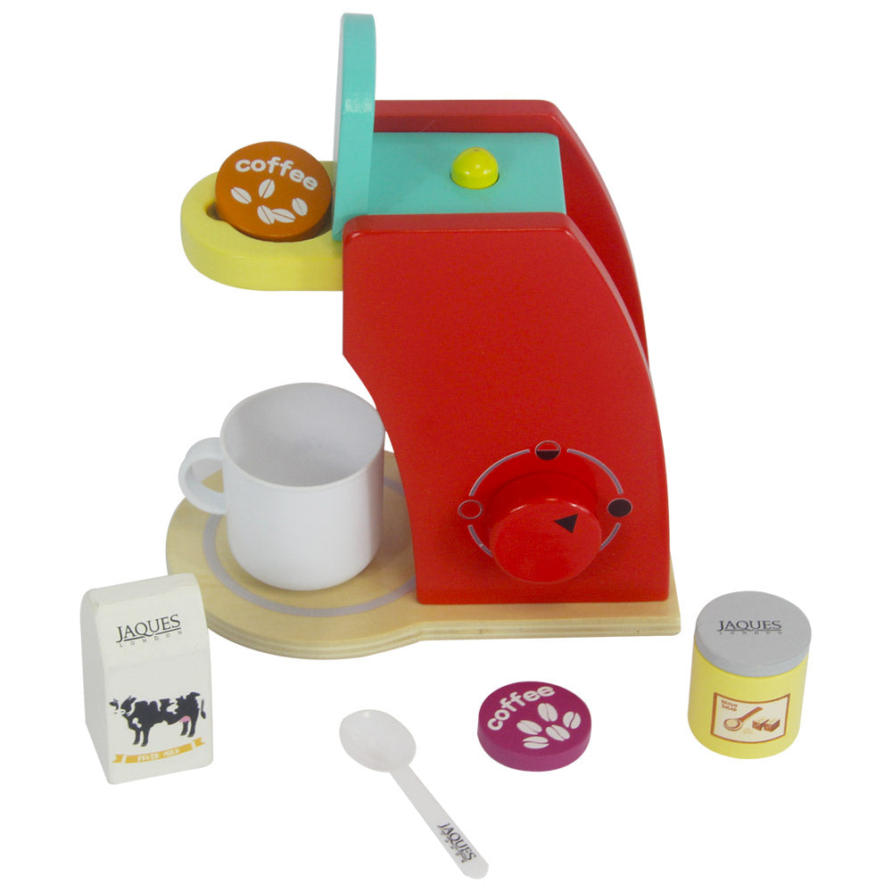 Childs pretend wooden coffee pod machine - rear side view with pod dispenser open and pod inside 