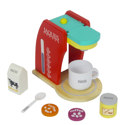 Kids pretend play wooden coffee pod machince with cup, spoon, milk carton sugar and coffee pods