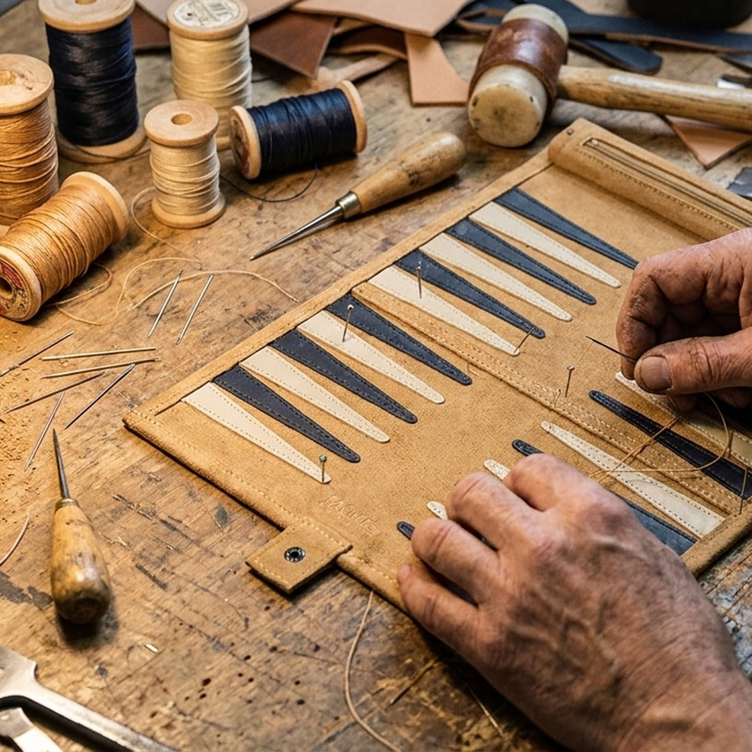 A leather craftsman's bench with the Jaques backgammon board being hand-made, thread and tools around it