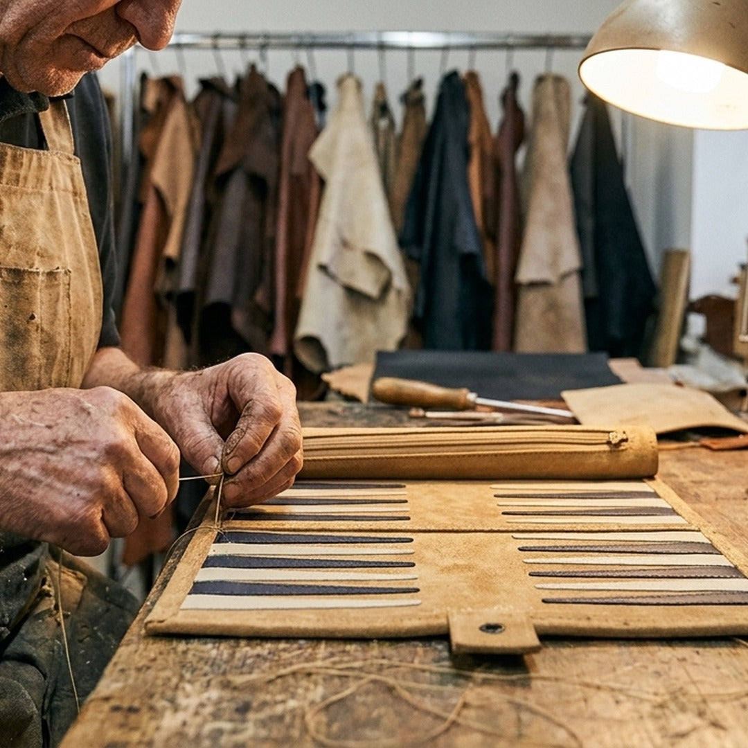 A leather craftsman hand-stitching the Jaques backgammon board at his workbench, hides behind