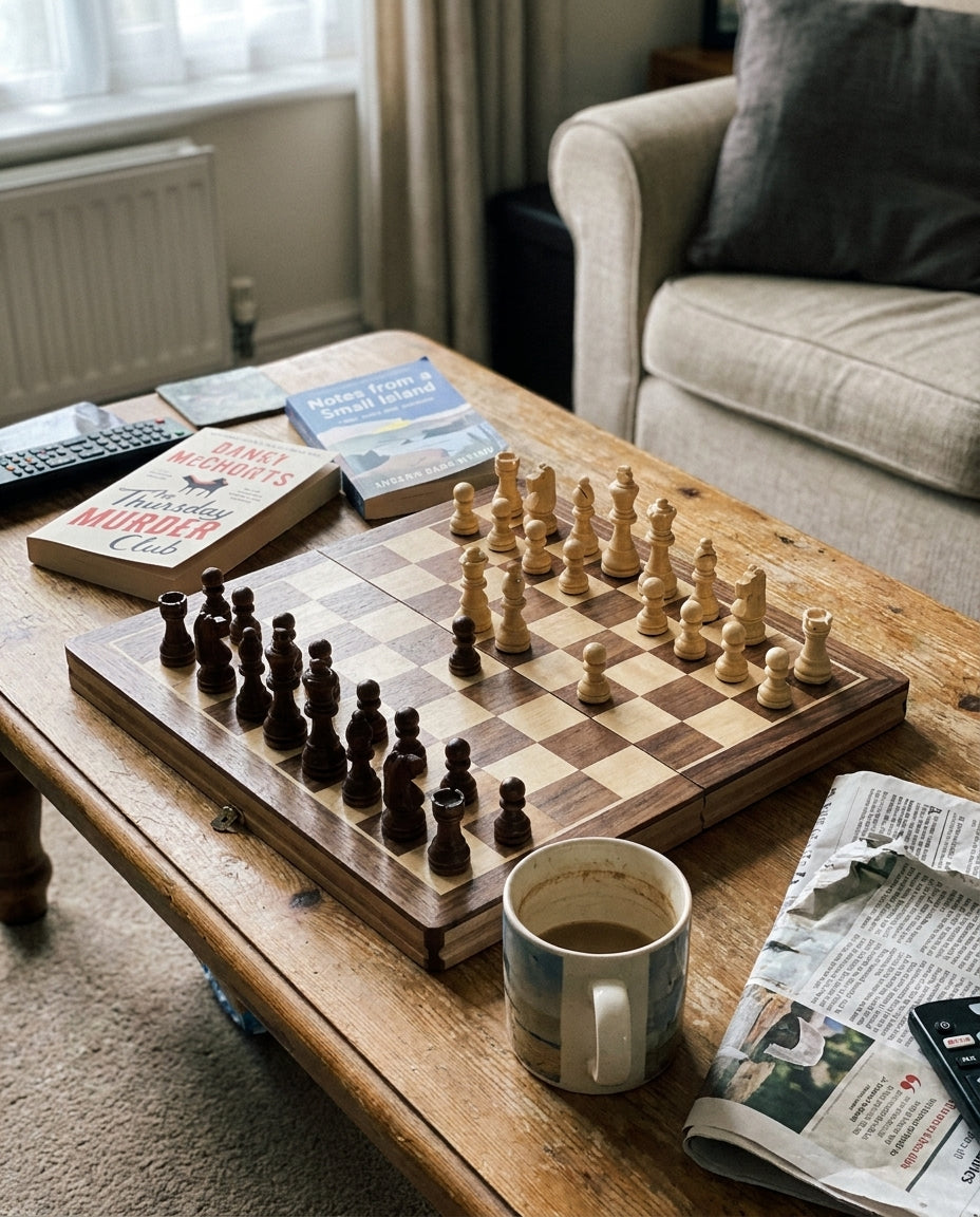 A child and an adult enjoying a game of chess on the wooden folding set